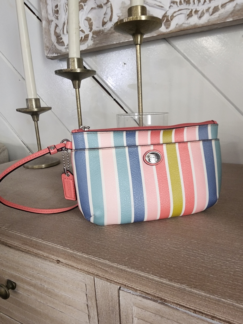 Coach Peyton Multicolor Stripe Wristlet with Coral Pink Strap- 7×4